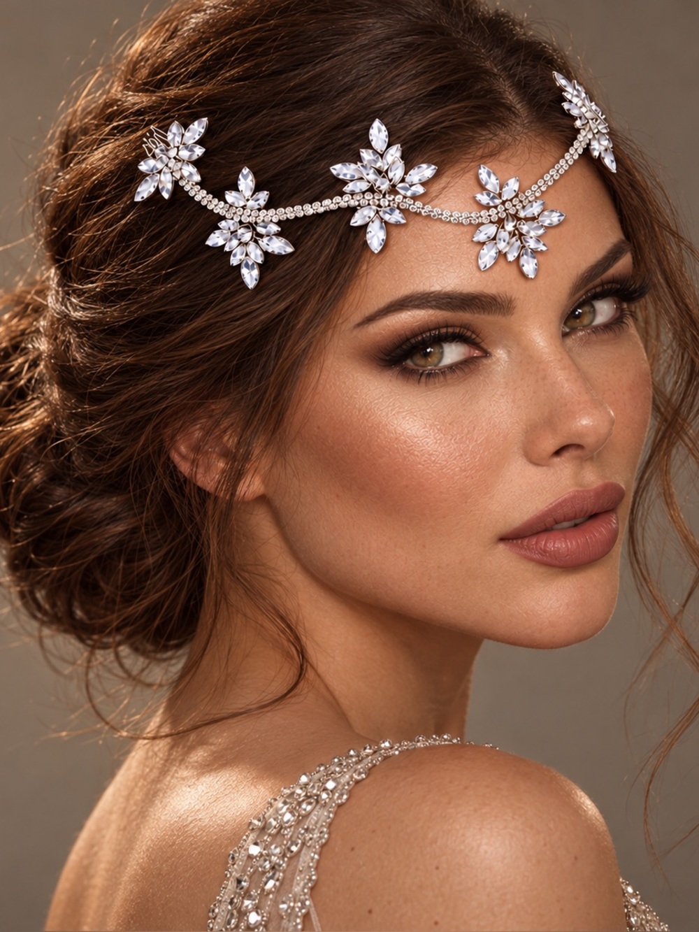 Bridal Rhinestone Forehead Headpiece Silver Wedding Hair Accessory